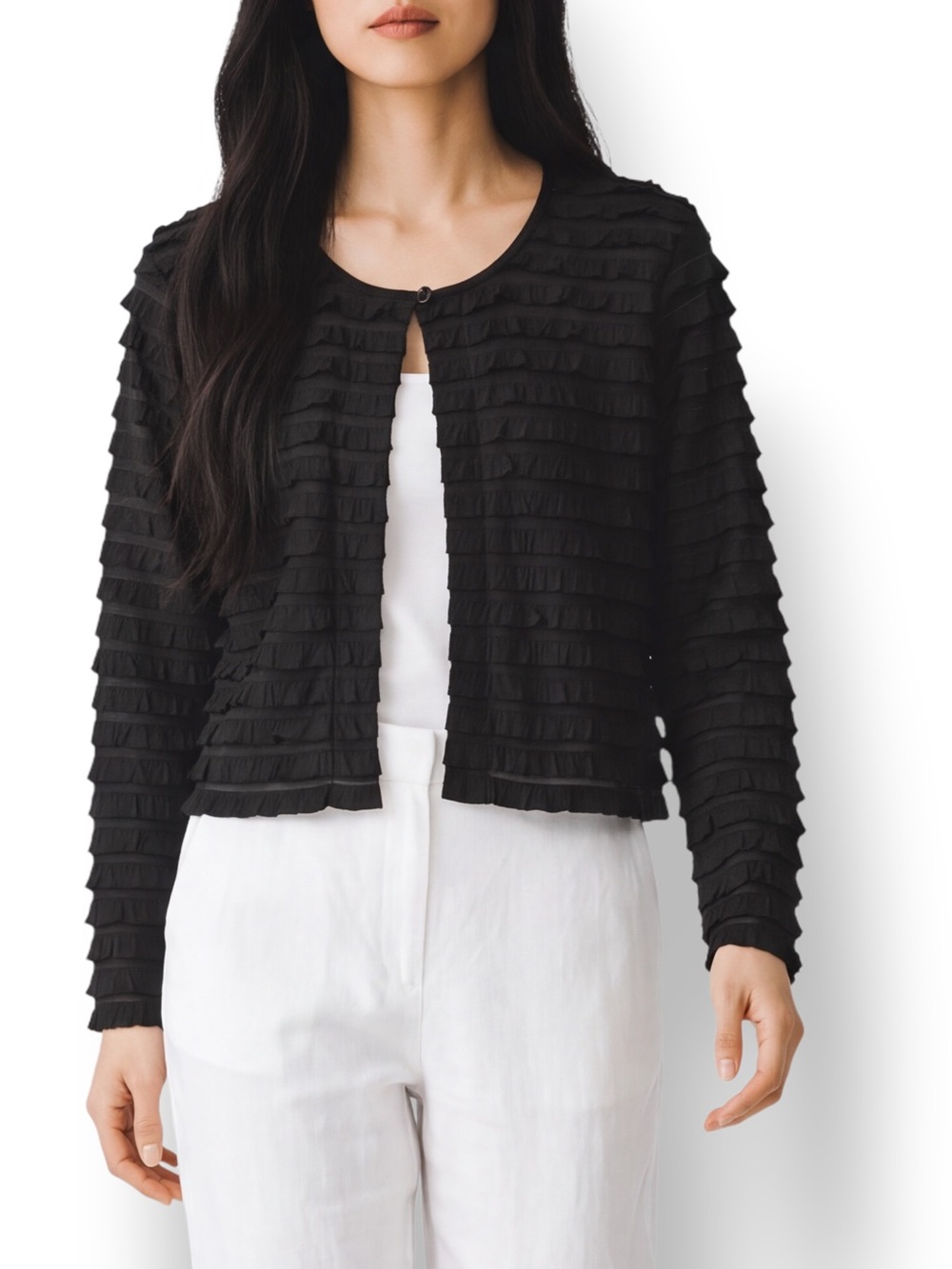 4/$20 Connected Apparel Black Tiered Ruffle Cropped Cardigan Jacket XL